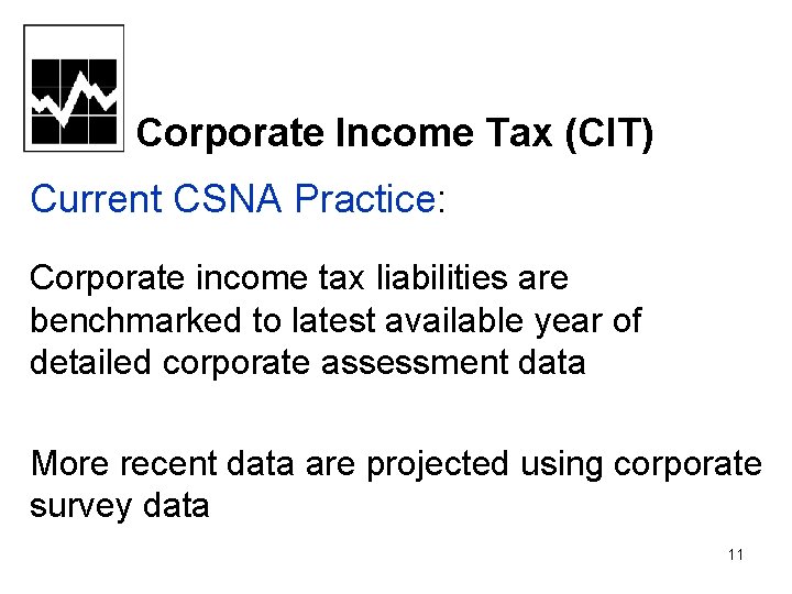 Corporate Income Tax (CIT) Current CSNA Practice: Corporate income tax liabilities are benchmarked to