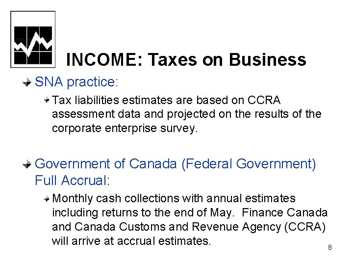 INCOME: Taxes on Business SNA practice: Tax liabilities estimates are based on CCRA assessment INCOME: Taxes on Business SNA practice: Tax liabilities estimates are based on CCRA assessment