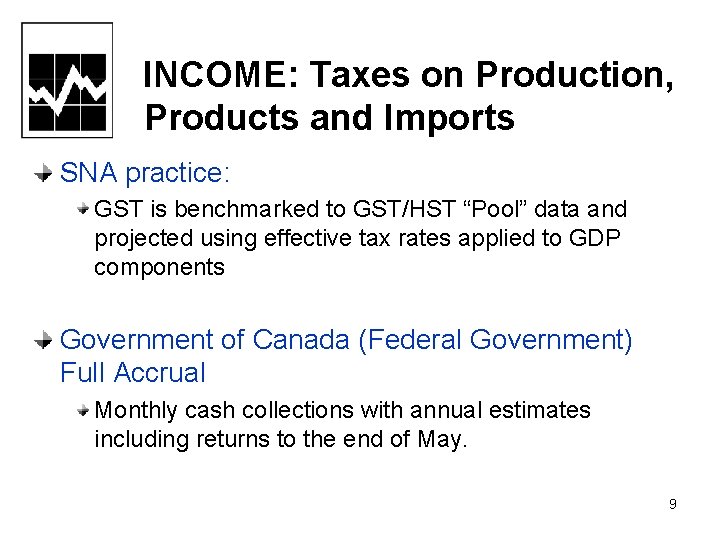 INCOME: Taxes on Production, Products and Imports SNA practice: GST is benchmarked to GST/HST INCOME: Taxes on Production, Products and Imports SNA practice: GST is benchmarked to GST/HST