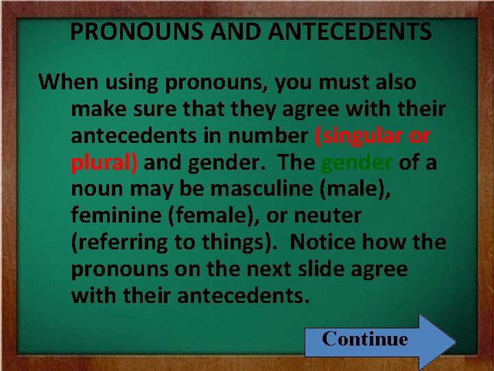 PRONOUNS AND ANTECEDENTS When using pronouns, you must also make sure that they agree