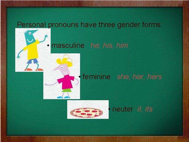 Personal pronouns have three gender forms: • masculine he, his, him • feminine she,