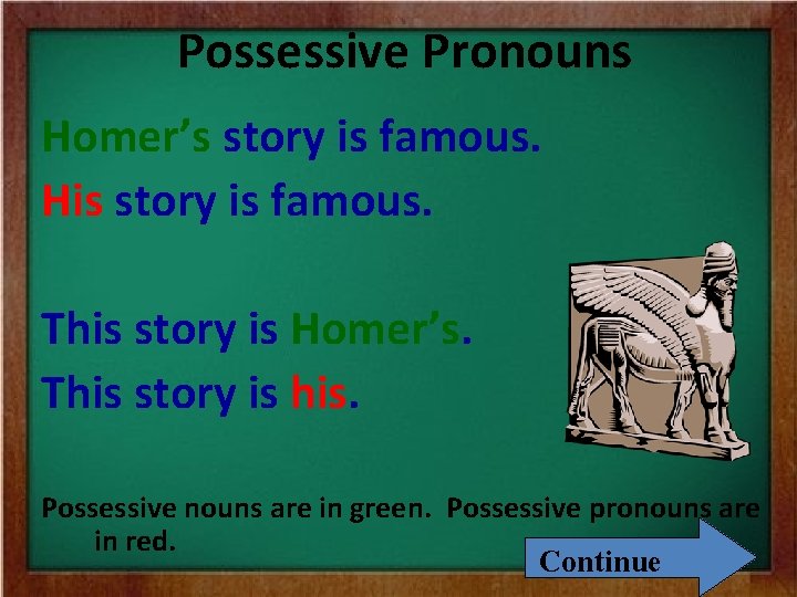 Possessive Pronouns Homer’s story is famous. His story is famous. This story is Homer’s.