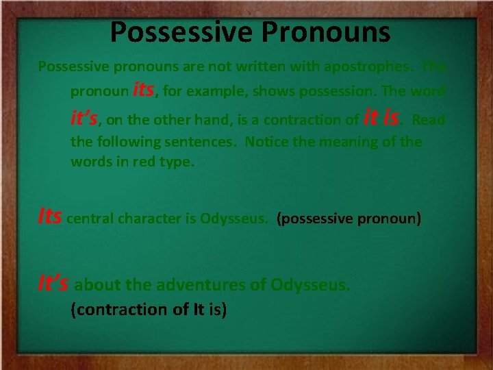 Possessive Pronouns Possessive pronouns are not written with apostrophes. The pronoun its, for example,