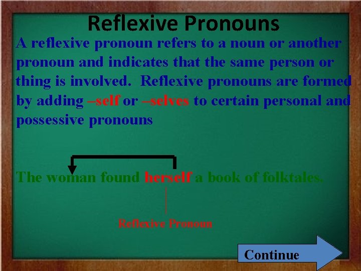 Reflexive Pronouns A reflexive pronoun refers to a noun or another pronoun and indicates