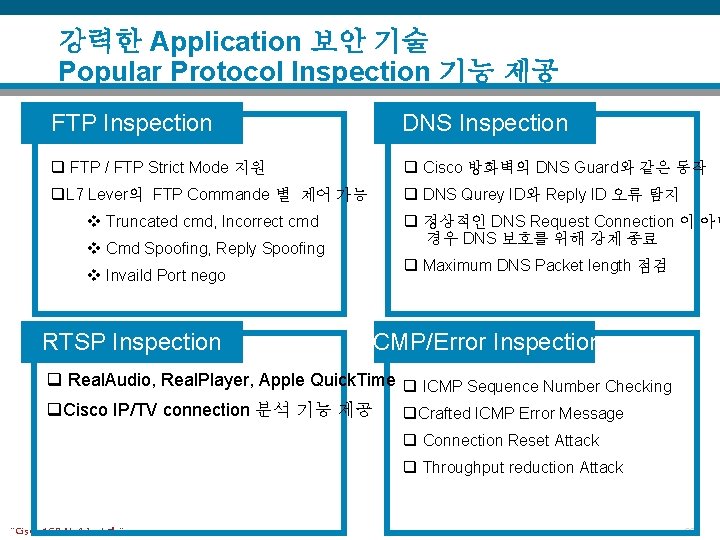 강력한 Application 보안 기술 Popular Protocol Inspection 기능 제공 FTP Inspection DNS Inspection q