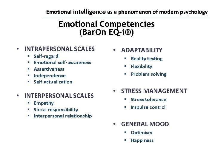 Emotional intelligence as a phenomenon of modern psychology Emotional Competencies (Bar. On EQ-i®) •