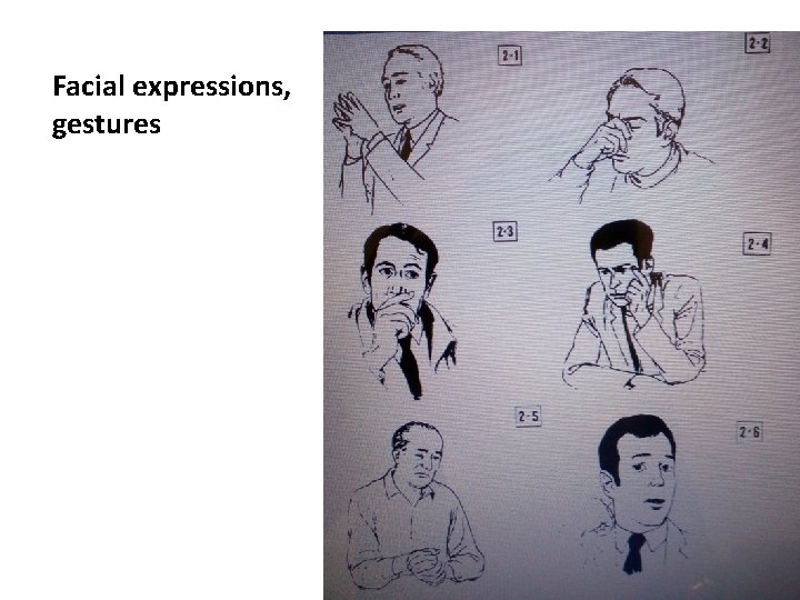 Facial expressions, gestures 
