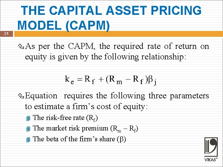 21 THE CAPITAL ASSET PRICING MODEL (CAPM) As per the CAPM, the required rate