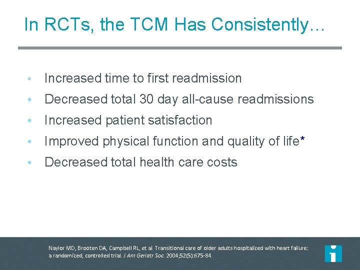 In RCTs, the TCM Has Consistently… • Increased time to first readmission • Decreased