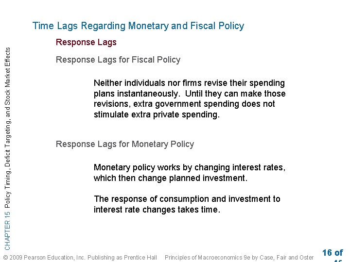 Time Lags Regarding Monetary and Fiscal Policy CHAPTER 15 Policy Timing, Deficit Targeting, and Time Lags Regarding Monetary and Fiscal Policy CHAPTER 15 Policy Timing, Deficit Targeting, and