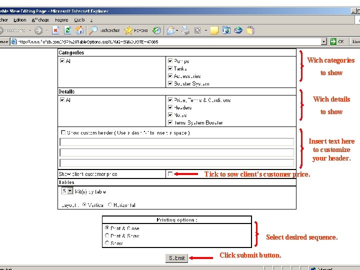 Quote table view options Wich categories to show Wich details to show Insert text