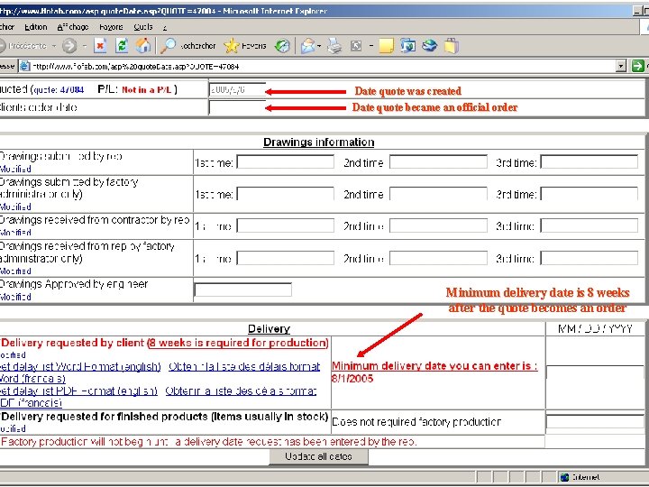 Quote Dates Date quote was created Date quote became an official order Minimum delivery
