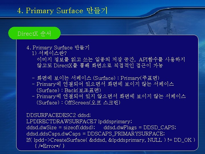 4. Primary Surface 만들기 Direct. X 순서 4. Primary Surface 만들기 1) 서페이스란? 이미지