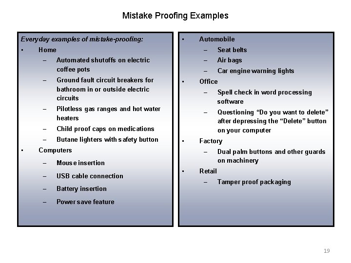 Mistake Proofing Examples Everyday examples of mistake-proofing: • Home – – • • Automated