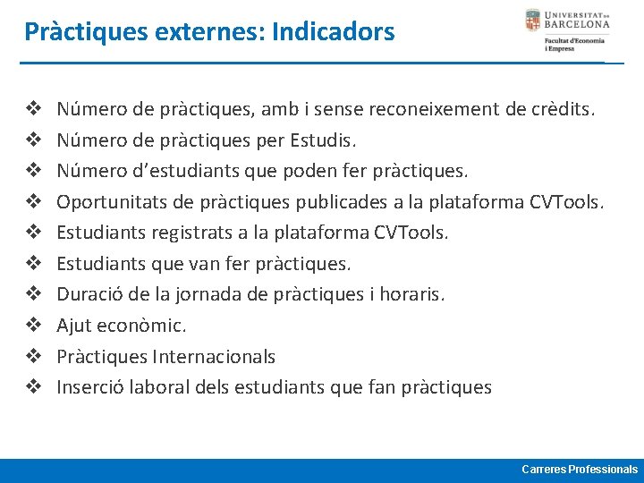 Pràctiques externes: Indicadors v v v v v Número de pràctiques, amb i sense