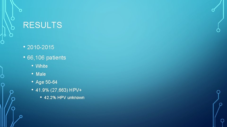 RESULTS • 2010 -2015 • 66, 106 patients • • White Male Age 50