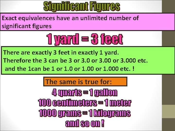 Exact equivalences have an unlimited number of significant figures There are exactly 3 feet