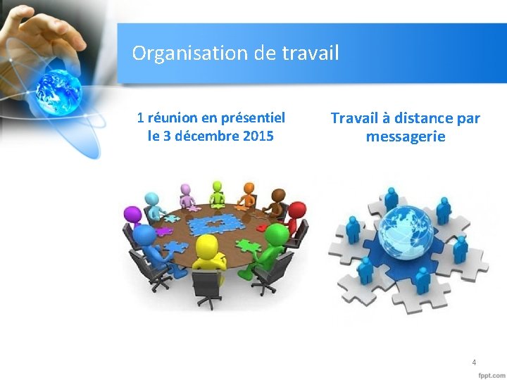 Organisation de travail 1 réunion en présentiel le 3 décembre 2015 Travail à distance