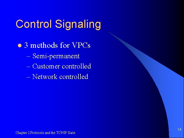 Control Signaling l 3 methods for VPCs – Semi-permanent – Customer controlled – Network