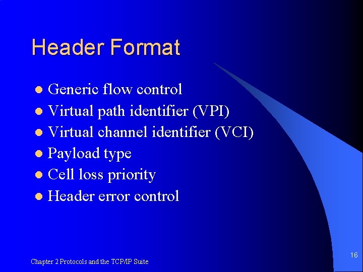 Header Format Generic flow control l Virtual path identifier (VPI) l Virtual channel identifier