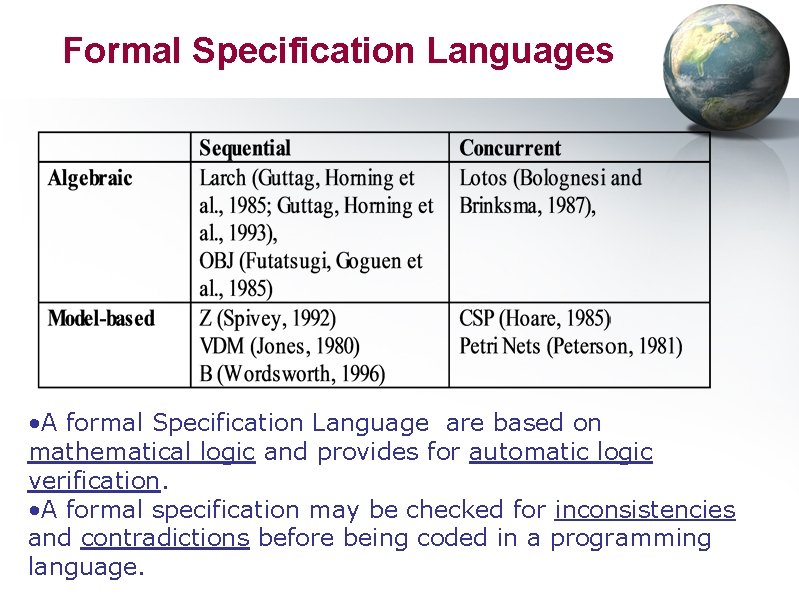 Formal Specification Languages • A formal Specification Language are based on mathematical logic and