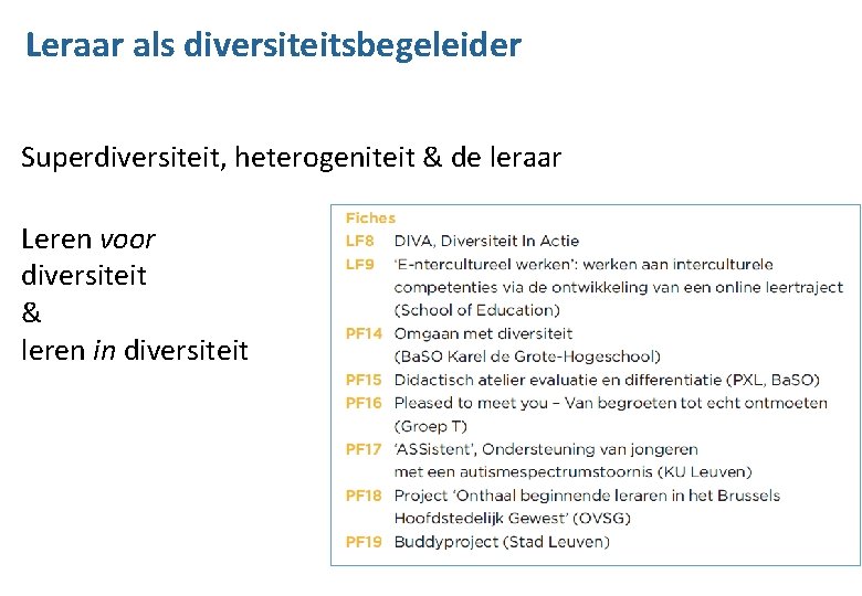 Leraar als diversiteitsbegeleider Superdiversiteit, heterogeniteit & de leraar Leren voor diversiteit & leren in