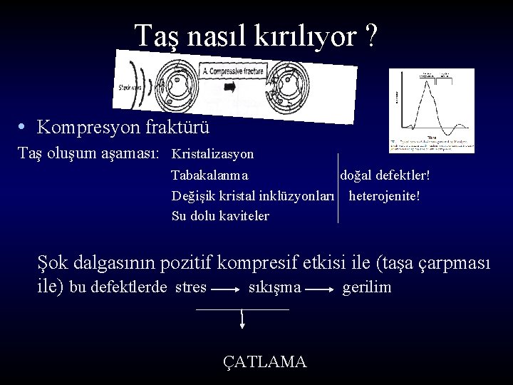 Taş nasıl kırılıyor ? • Kompresyon fraktürü Taş oluşum aşaması: Kristalizasyon Tabakalanma doğal defektler!