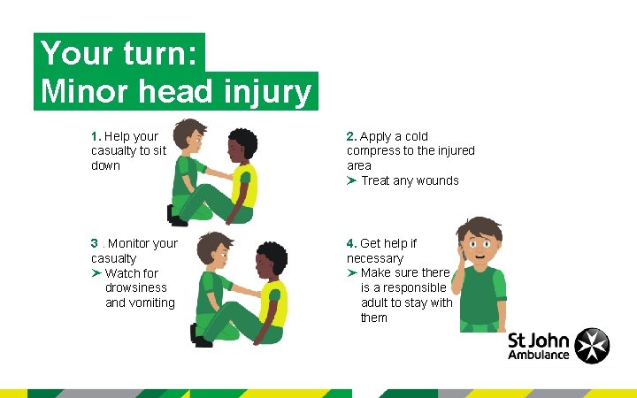 Your turn: Minor head injury 1. Help your casualty to sit down 2. Apply