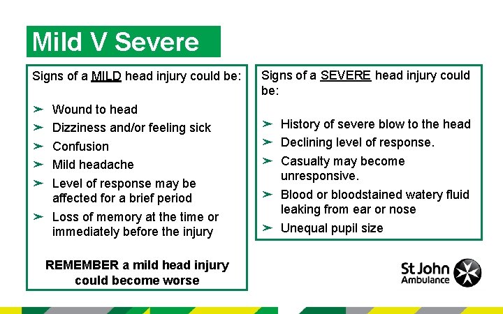 Mild V Severe Signs of a MILD head injury could be: Wound to head