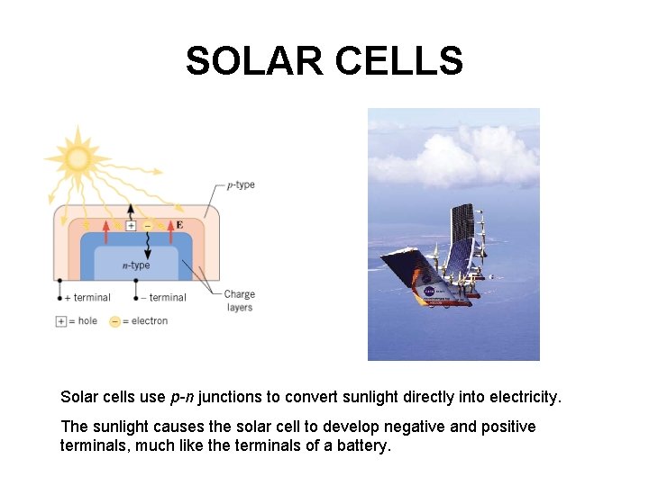 SOLAR CELLS Solar cells use p-n junctions to convert sunlight directly into electricity. The