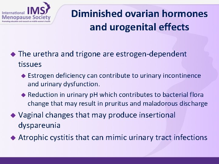 Diminished ovarian hormones and urogenital effects u The urethra and trigone are estrogen-dependent tissues
