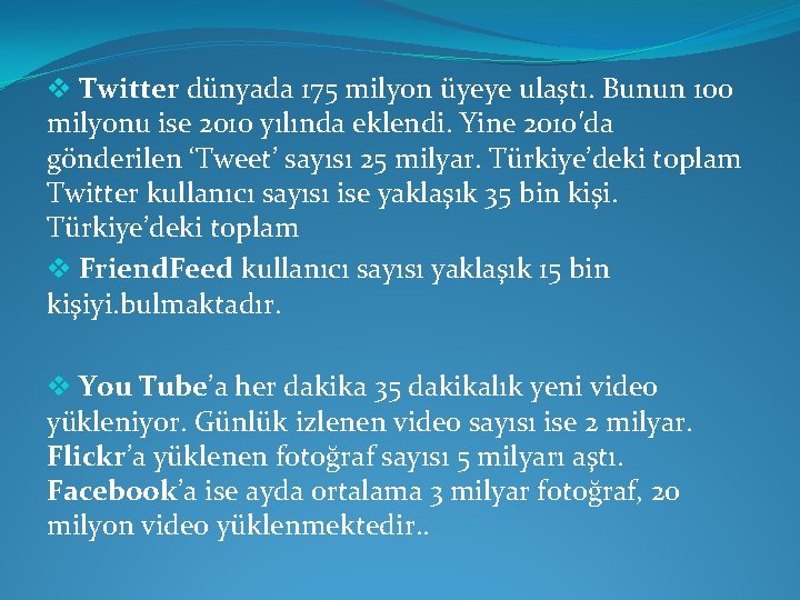 v Twitter dünyada 175 milyon üyeye ulaştı. Bunun 100 milyonu ise 2010 yılında eklendi.