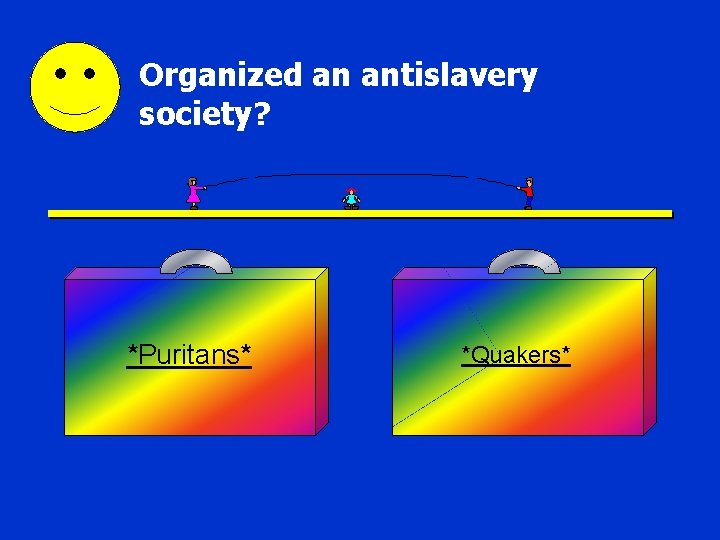 Organized an antislavery society? *Puritans* *Quakers* 