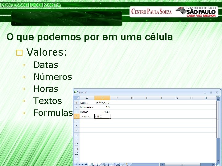 Microsoft Excel O que podemos por em uma célula � ◦ ◦ ◦ Valores: