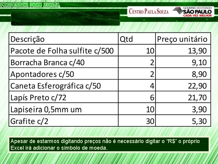 Microsoft Excel Apesar de estarmos digitando preços não é necessário digitar o “R$” o