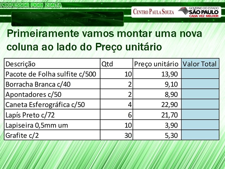 Microsoft Excel Primeiramente vamos montar uma nova coluna ao lado do Preço unitário 