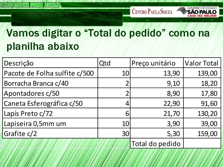 Microsoft Excel Vamos digitar o “Total do pedido” como na planilha abaixo 