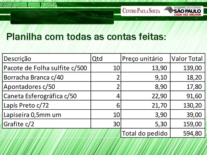 Microsoft Excel Planilha com todas as contas feitas: 