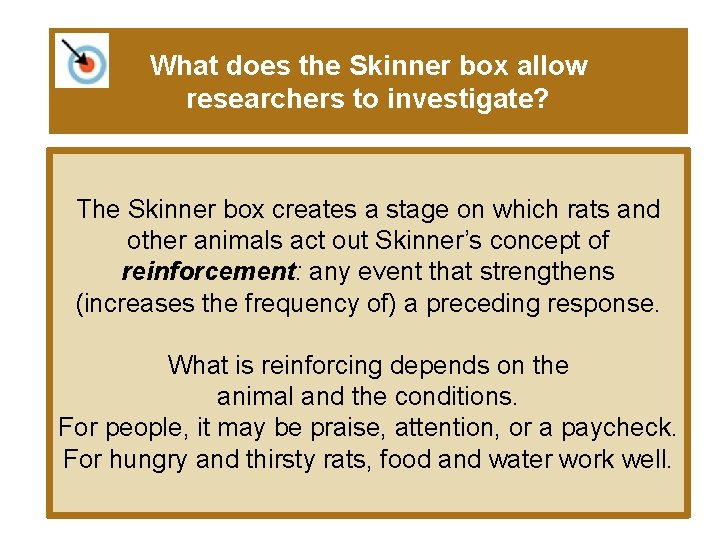What does the Skinner box allow researchers to investigate? The Skinner box creates a