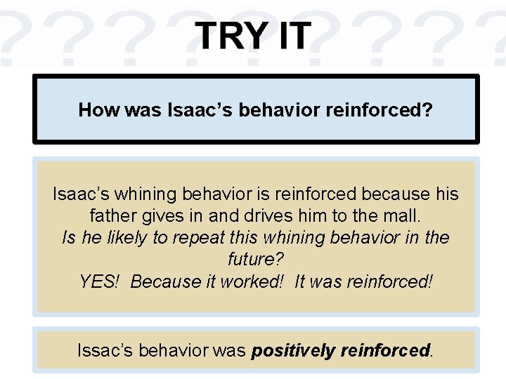 How was Isaac’s behavior reinforced? Isaac’s whining behavior is reinforced because his father gives
