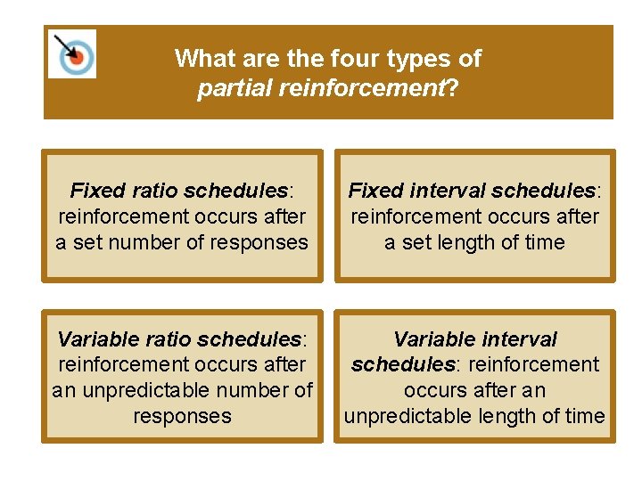 What are the four types of partial reinforcement? Fixed ratio schedules: reinforcement occurs after