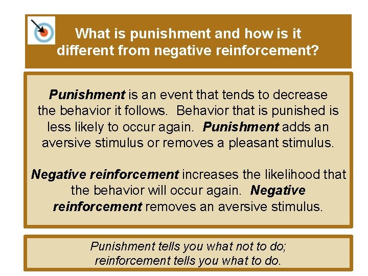 What is punishment and how is it different from negative reinforcement? Punishment is an