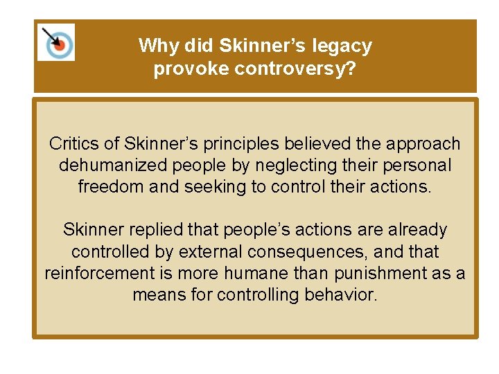 Why did Skinner’s legacy provoke controversy? Critics of Skinner’s principles believed the approach dehumanized