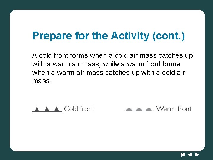 Prepare for the Activity (cont. ) A cold front forms when a cold air Prepare for the Activity (cont. ) A cold front forms when a cold air