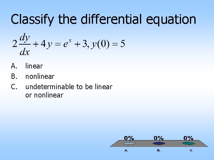 Classify the differential equation A. B. C. linear nonlinear undeterminable to be linear or