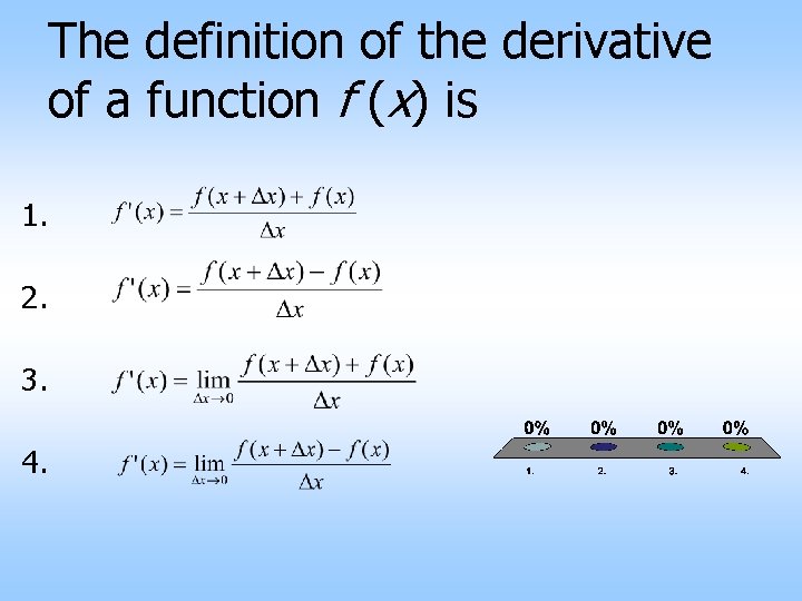 The definition of the derivative of a function f (x) is 1. 2. 3.