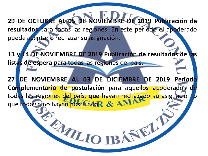 29 DE OCTUBRE AL 05 DE NOVIEMBRE DE 2019 Publicación de resultados para todas