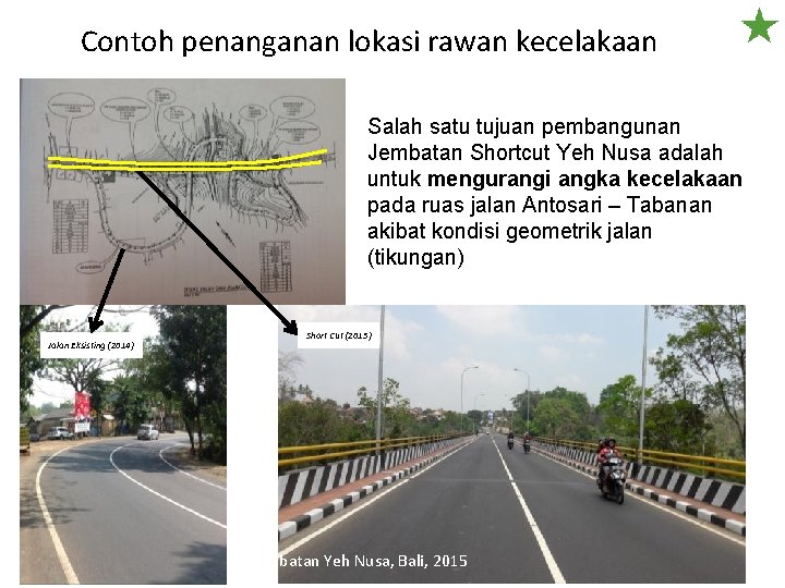 Contoh penanganan lokasi rawan kecelakaan Salah satu tujuan pembangunan Jembatan Shortcut Yeh Nusa adalah