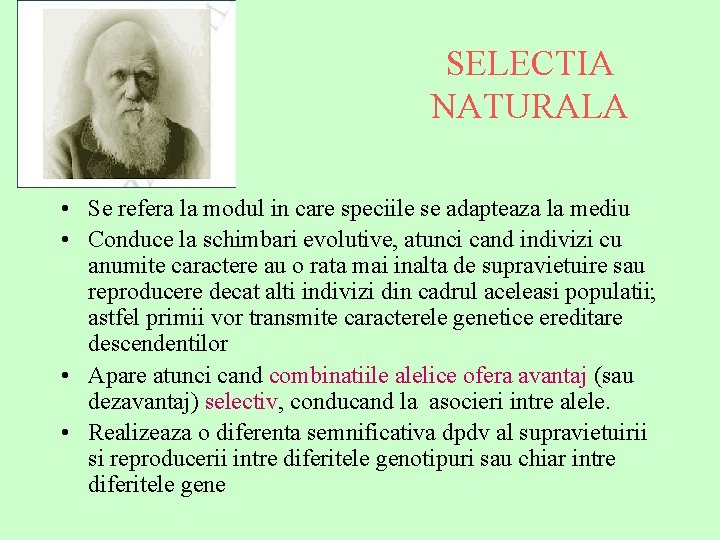SELECTIA NATURALA • Se refera la modul in care speciile se adapteaza la mediu
