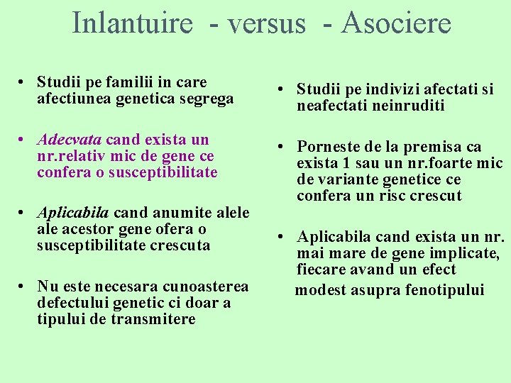 Inlantuire - versus - Asociere • Studii pe familii in care afectiunea genetica segrega